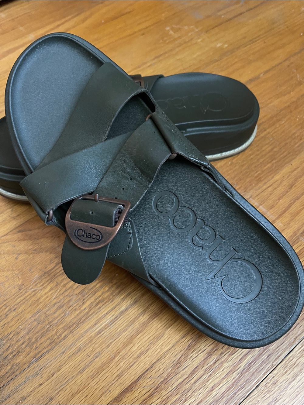 Chaco Dark Green Leather Cross-Strap Slide Sandals - Picture 3 of 5